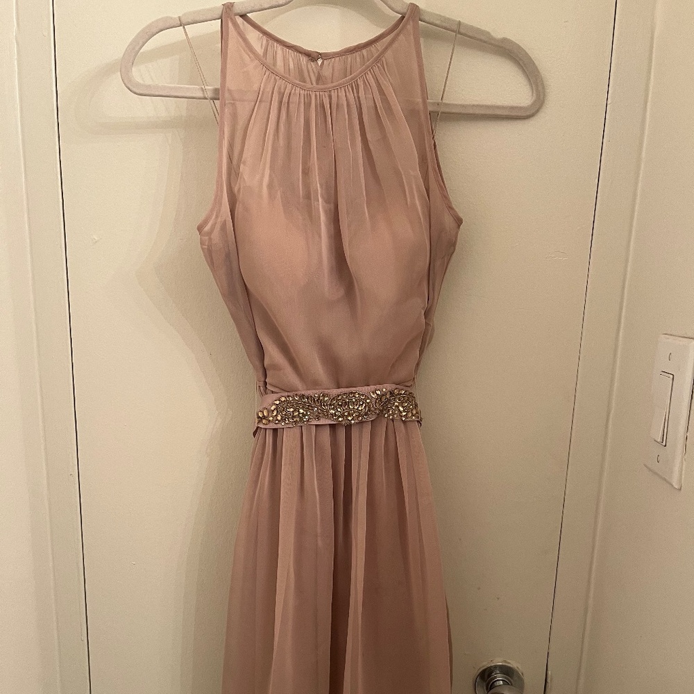 Dusty pinkish-cream cocktail dress with jewel embellished belt